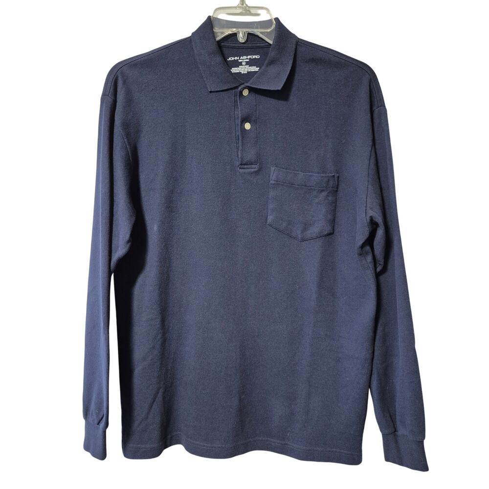 John Ashford Mens Medium Navy Blue Long Sleeve Collar 100% Cotton Polo